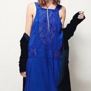Free People Cerulean Blue Embroidered Sleeveless Open Back Maxi Dress.  Size L